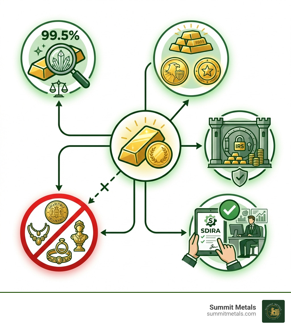 Infographic showing IRA gold eligibility requirements: 99.5% purity standard, approved coins and bars, IRS-approved depository storage, Self-Directed IRA custodian requirement, and prohibited items like collectibles and jewelry - how physical gold is ira eligible infographic 