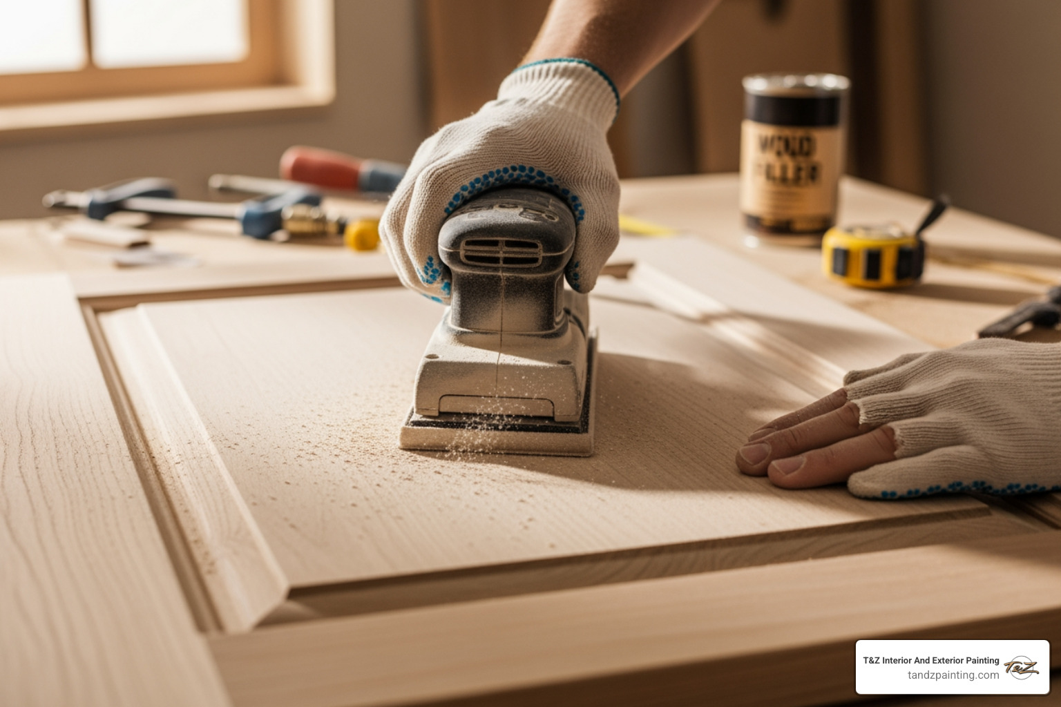 professional painter sanding cabinet door - best wood for painted cabinets