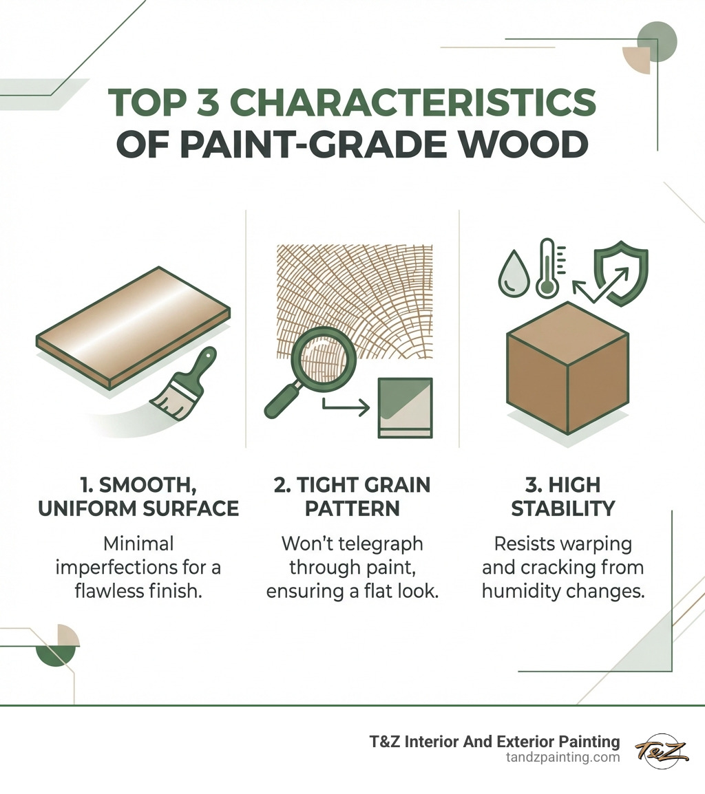 Infographic showing the top 3 characteristics of paint-grade wood: 1) Smooth, uniform surface with minimal imperfections, 2) Tight grain pattern that won't show through paint, 3) High stability that resists warping and cracking in changing humidity - best wood for painted cabinets infographic 