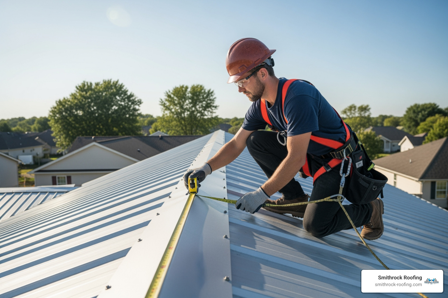 a roofing contractor measuring a roof - metal roof estimates