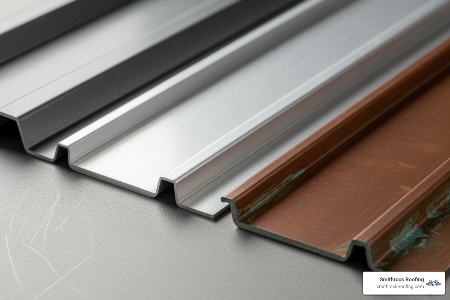 different metal roof material samples like steel, aluminum, and copper side-by-side - metal roof estimates