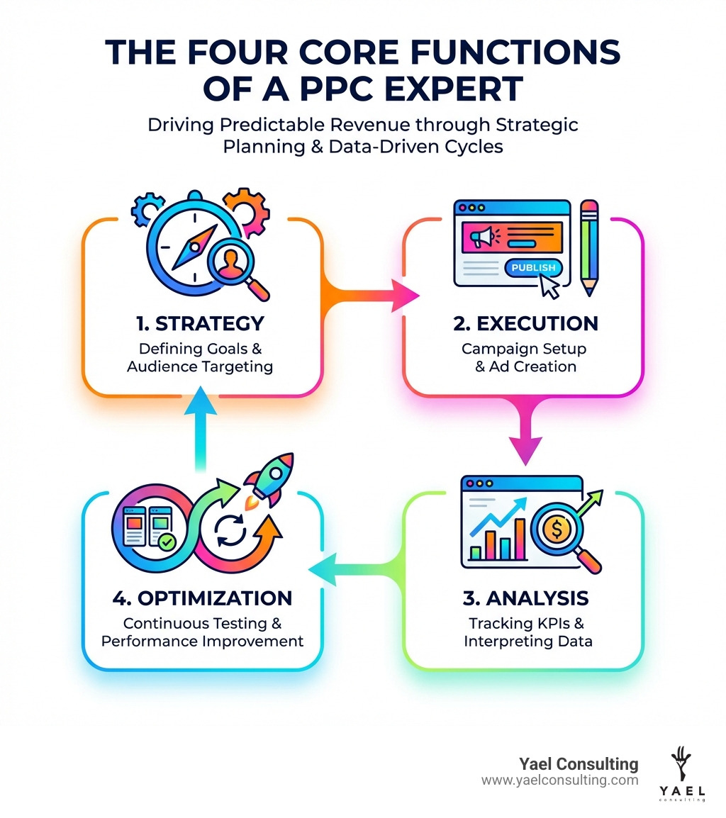 Infographic showing the four core functions of a PPC expert: Strategy (defining goals and audience targeting), Execution (campaign setup and ad creation), Analysis (tracking KPIs and interpreting data), and Optimization (continuous testing and performance improvement) - ppc ads expert infographic Infographic showing the four core functions of a PPC expert: Strategy (defining goals and audience targeting), Execution (campaign setup and ad creation), Analysis (tracking KPIs and interpreting data), and Optimization (continuous testing and performance improvement) - ppc ads expert infographic