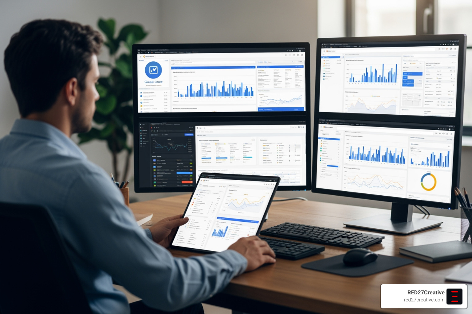 Marketer reviewing digital marketing data across multiple channels - Digital marketing audit Marketer reviewing digital marketing data across multiple channels - Digital marketing audit