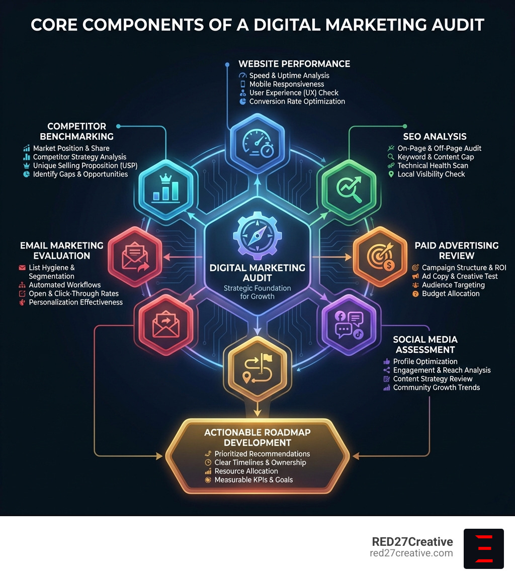 Infographic showing the core components of a digital marketing audit: website performance, SEO analysis, paid advertising review, social media assessment, email marketing evaluation, competitor benchmarking, and actionable roadmap development - Digital marketing audit infographic Infographic showing the core components of a digital marketing audit: website performance, SEO analysis, paid advertising review, social media assessment, email marketing evaluation, competitor benchmarking, and actionable roadmap development - Digital marketing audit infographic