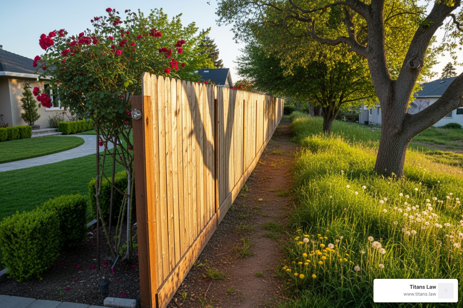Wooden fence dividing residential properties with blooming flowers and a pathway, illustrating boundary line issues in property disputes.