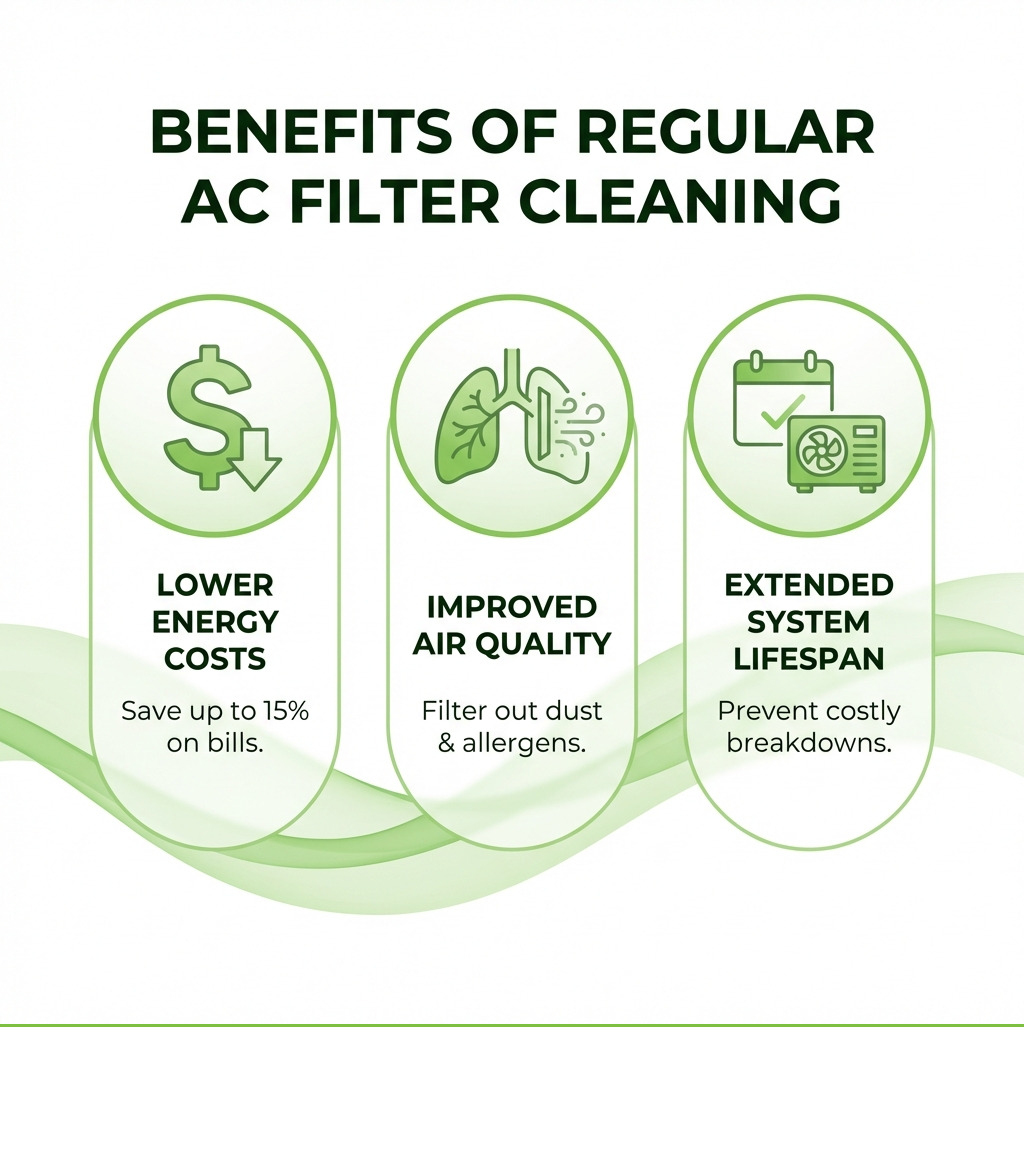infographic showing three key benefits of regular AC filter cleaning: up to 15% reduction in energy costs with dollar sign icon, improved indoor air quality with lungs and air particles icon, and extended AC system lifespan with calendar and AC unit icon - ac filter cleaning infographic infographic showing three key benefits of regular AC filter cleaning: up to 15% reduction in energy costs with dollar sign icon, improved indoor air quality with lungs and air particles icon, and extended AC system lifespan with calendar and AC unit icon - ac filter cleaning infographic