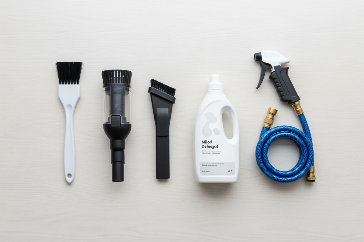necessary tools laid out: soft brush, vacuum with brush attachment, mild detergent, water hose or sink sprayer - ac filter cleaning necessary tools laid out: soft brush, vacuum with brush attachment, mild detergent, water hose or sink sprayer - ac filter cleaning
