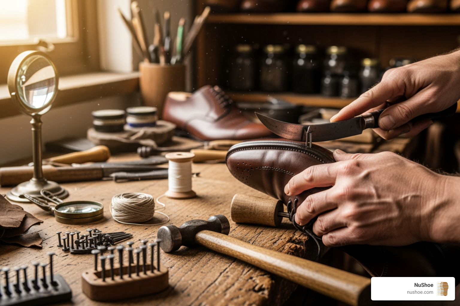 Cobbler repairing a shoe sole - shoemaker near my location
