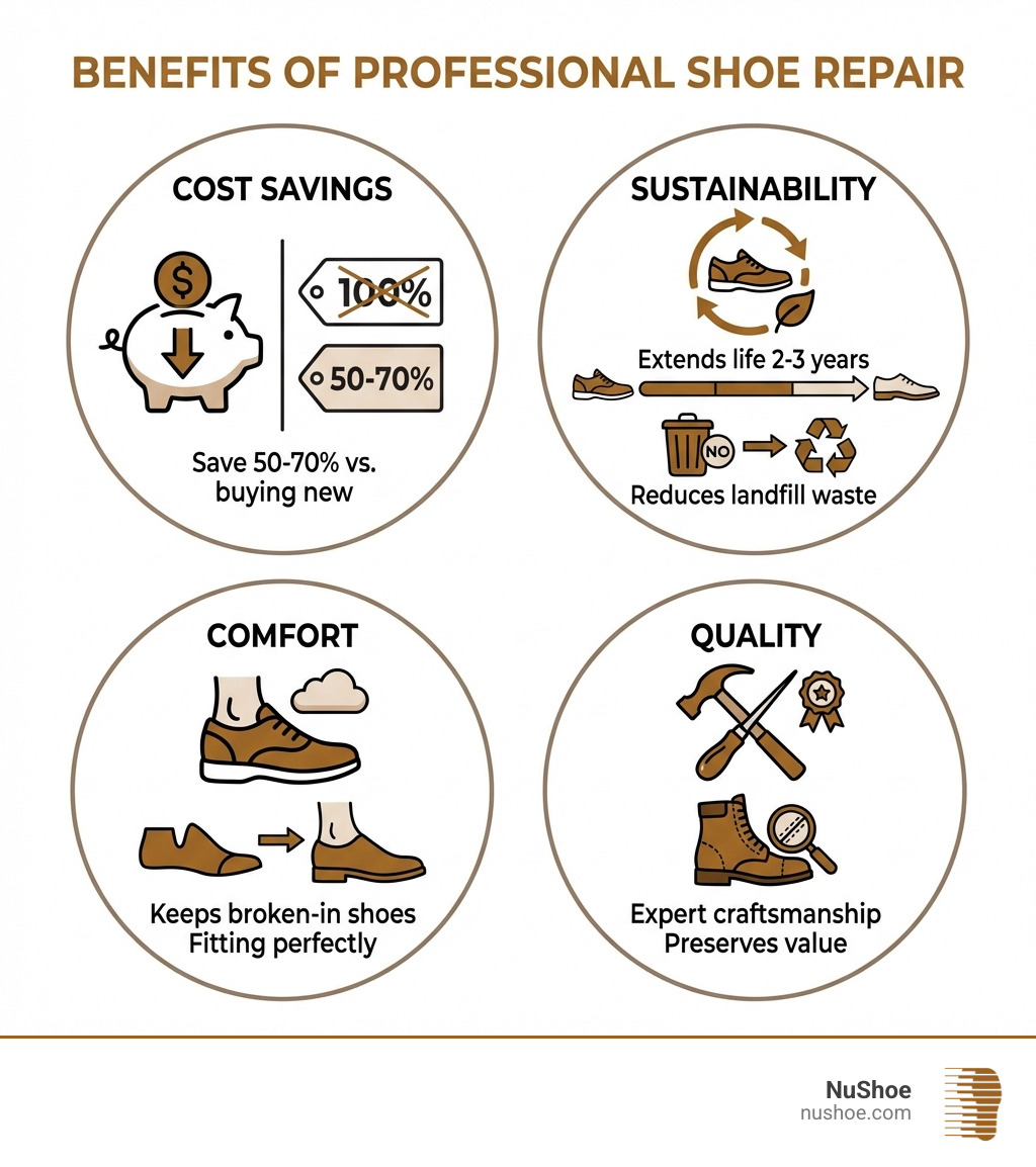 Infographic showing benefits of professional shoe repair: Cost Savings (save 50-70% vs buying new), Sustainability (extends shoe life 2-3 years, reduces landfill waste), Comfort (keeps broken-in shoes fitting perfectly), and Quality (expert craftsmanship preserves value) - shoemaker near my location infographic 