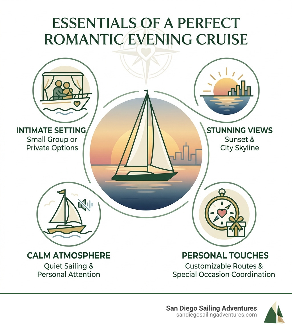 Infographic showing the essentials of a perfect romantic evening cruise: Intimate Setting with small group or private options, Stunning Views of sunset and city skyline, Calm Atmosphere with quiet sailing and personal attention, and Personal Touches like customizable routes and special occasion coordination - romantic evening cruise infographic Infographic showing the essentials of a perfect romantic evening cruise: Intimate Setting with small group or private options, Stunning Views of sunset and city skyline, Calm Atmosphere with quiet sailing and personal attention, and Personal Touches like customizable routes and special occasion coordination - romantic evening cruise infographic