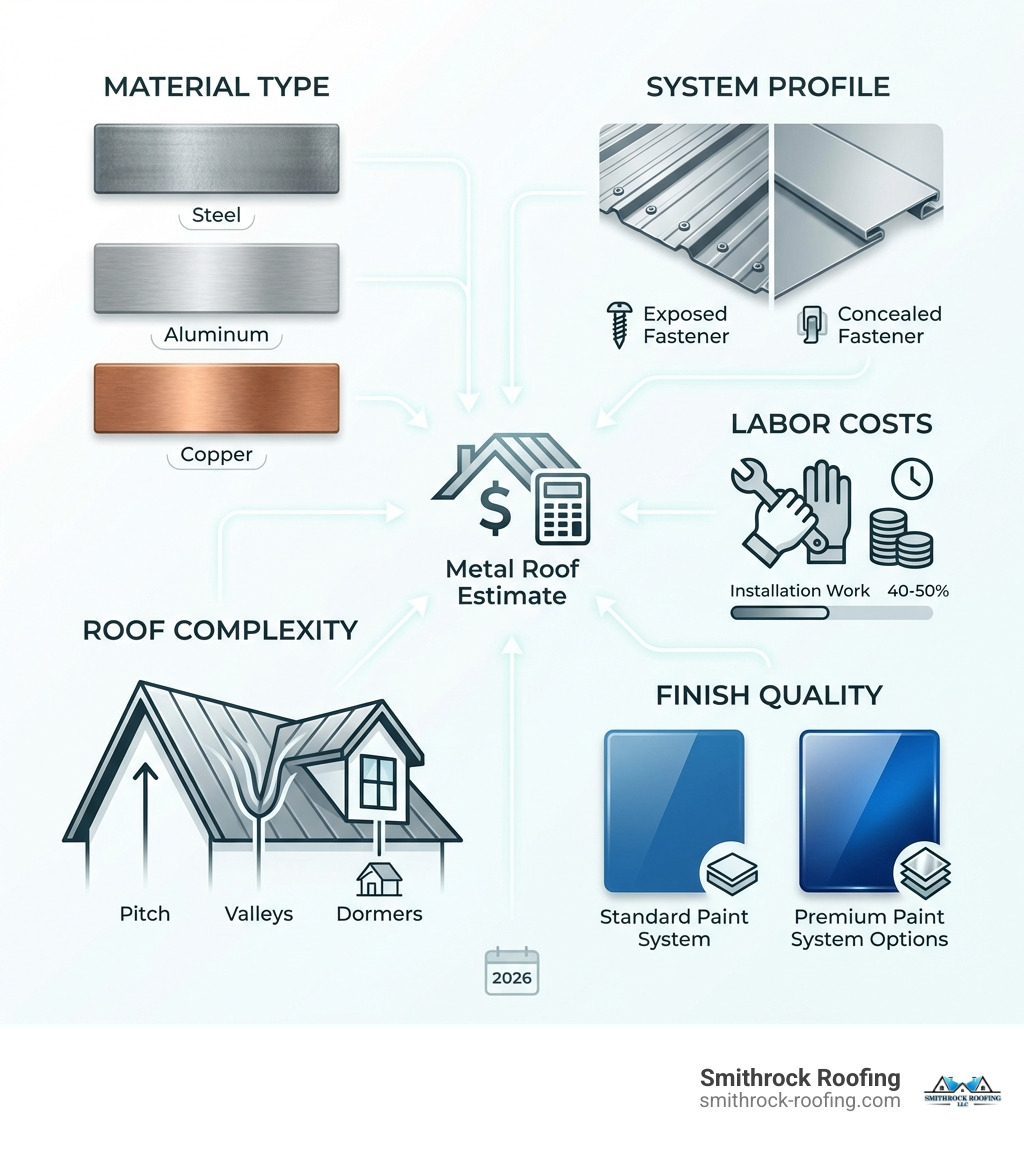 infographic showing five key factors affecting metal roof estimates: material type showing steel aluminum copper samples, system profile comparing exposed versus concealed fasteners, roof complexity illustrating pitch valleys and dormers, labor costs showing installation work, and finish quality displaying paint system options - metal roof estimates infographic 