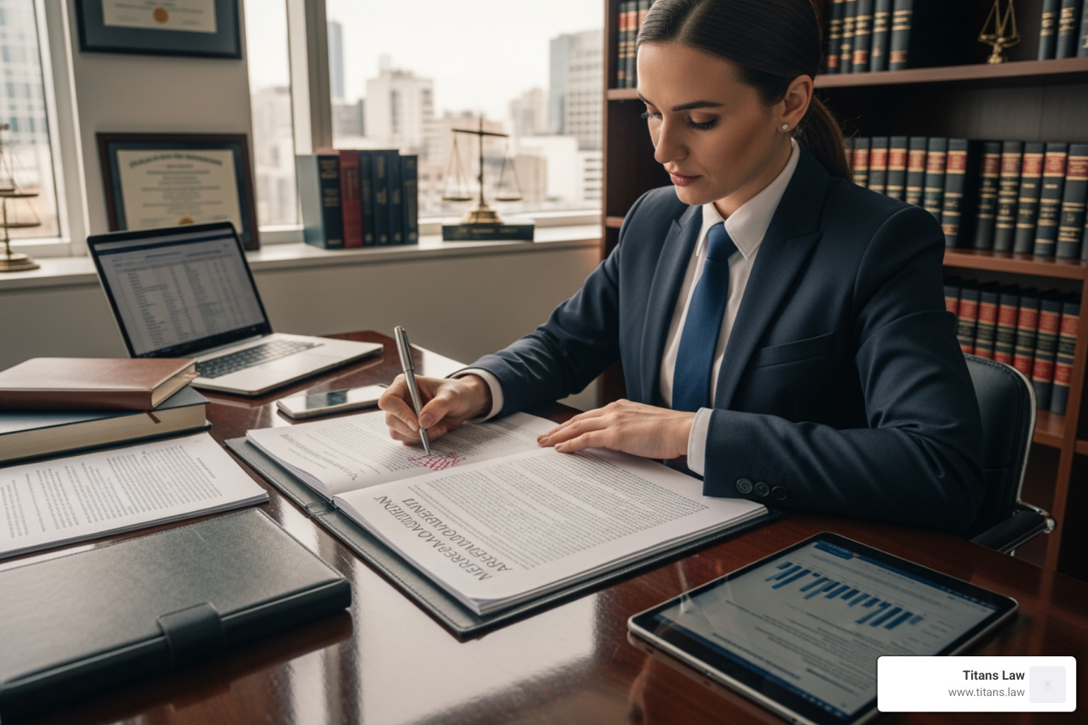 lawyer decisively marking up a complex M&A agreement - corporate legal counsel lawyer decisively marking up a complex M&A agreement - corporate legal counsel