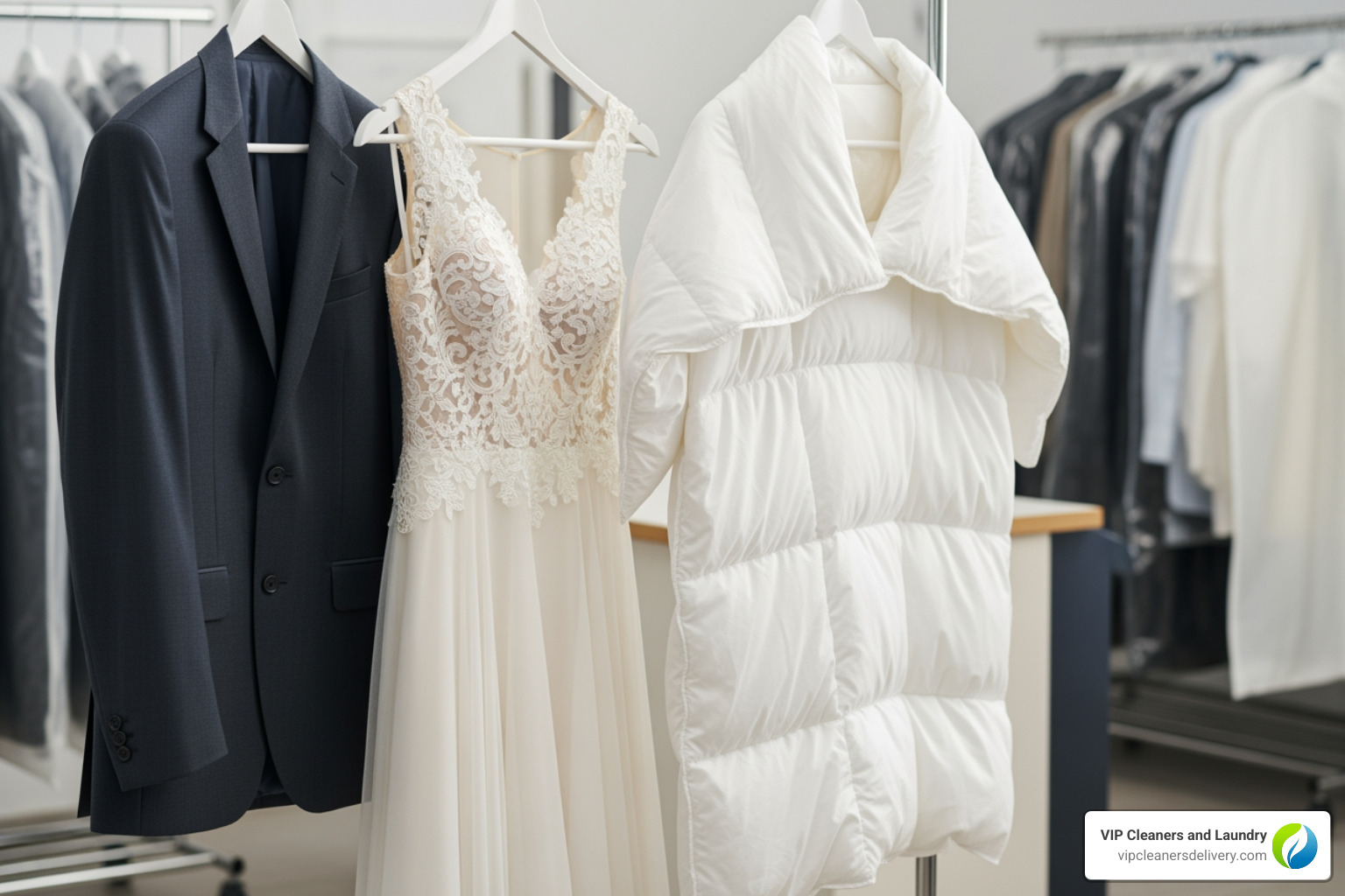 of various garments like a suit, a wedding dress, and a comforter hanging cleanly - Dry cleaning home delivery of various garments like a suit, a wedding dress, and a comforter hanging cleanly - Dry cleaning home delivery