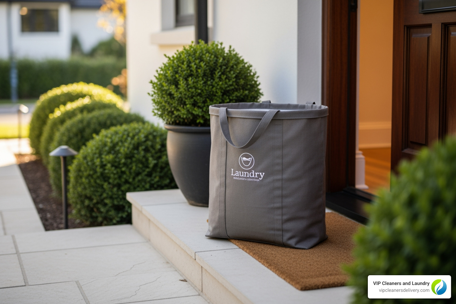 of a branded laundry bag ready for pickup on a doorstep - Dry cleaning home delivery of a branded laundry bag ready for pickup on a doorstep - Dry cleaning home delivery