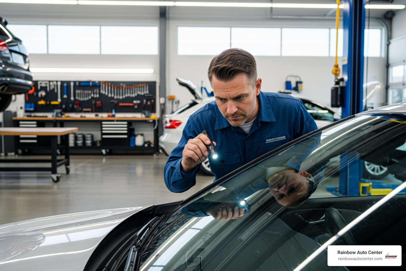 Rainbow Auto Center technician inspecting a vehicle in a modern, clean auto body shop - car front glass crack repair
