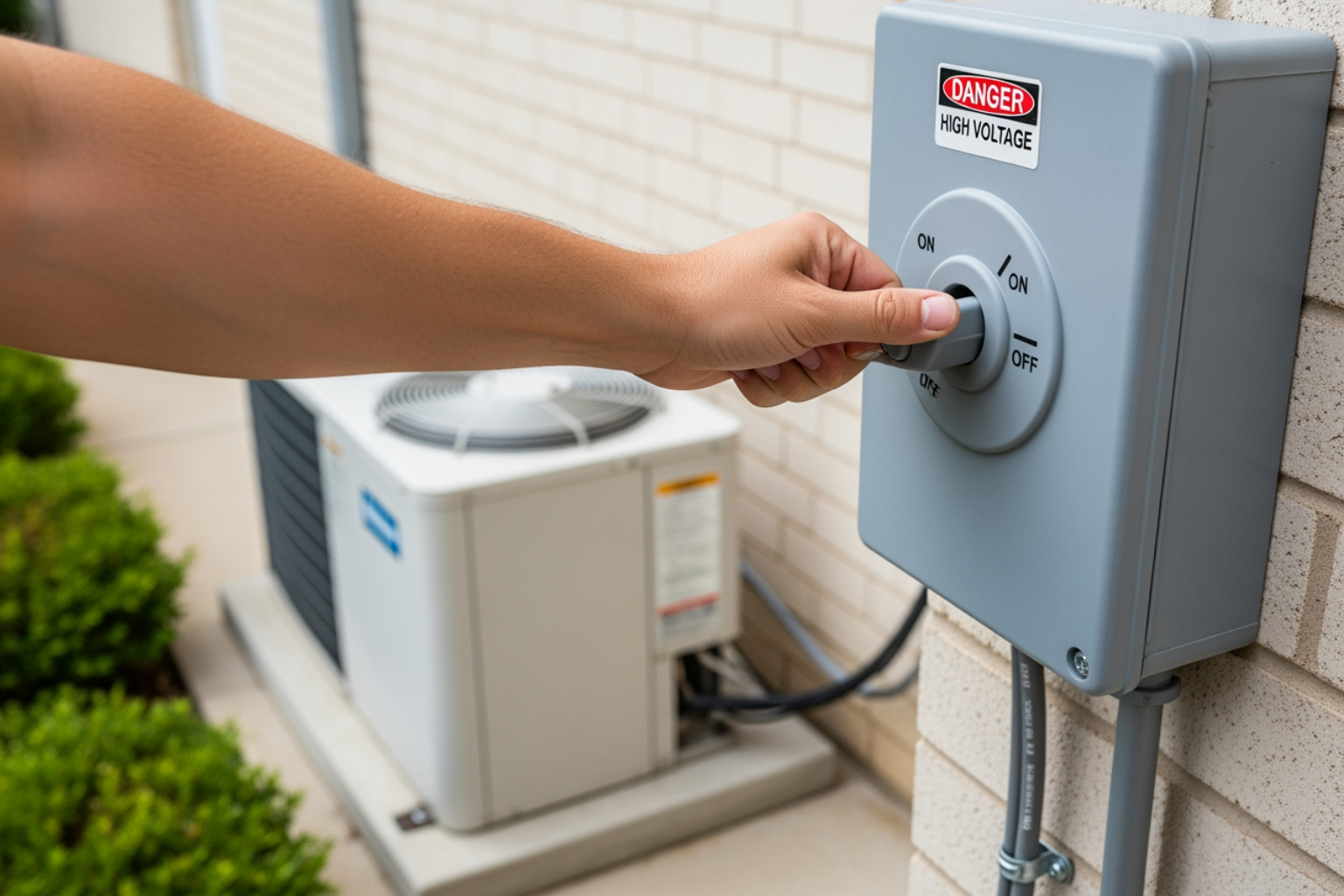 person safely turning off the power to their HVAC unit - ac filter cleaning person safely turning off the power to their HVAC unit - ac filter cleaning