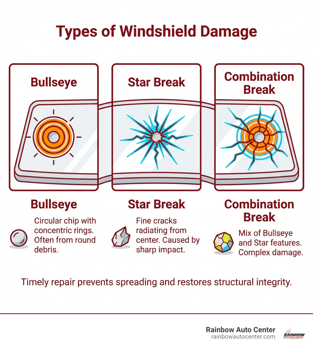 infographic showing types of windshield damage including bullseye, star break, and combination break - car front glass crack repair infographic 