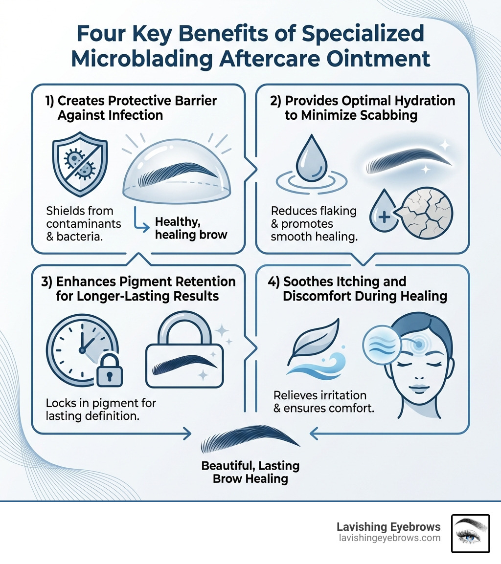 infographic showing the four key benefits of using specialized microblading aftercare ointment: 1) Creates protective barrier against infection and contaminants, 2) Provides optimal hydration to minimize scabbing and flaking, 3) Enhances pigment retention for longer-lasting results, 4) Soothes itching and discomfort during healing - best microblading aftercare ointment infographic infographic showing the four key benefits of using specialized microblading aftercare ointment: 1) Creates protective barrier against infection and contaminants, 2) Provides optimal hydration to minimize scabbing and flaking, 3) Enhances pigment retention for longer-lasting results, 4) Soothes itching and discomfort during healing - best microblading aftercare ointment infographic