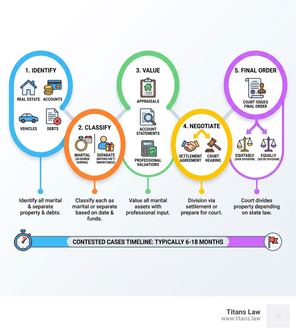 Infographic showing the division of assets divorce process: Step 1 - Identify all marital and separate property including real estate, accounts, vehicles, and debts. Step 2 - Classify each asset as marital or separate based on acquisition date and source of funds. Step 3 - Value all marital assets using appraisals, account statements, and professional valuations. Step 4 - Negotiate division either through settlement agreement or prepare for court hearing. Step 5 - Court issues final order dividing property equitably or equally depending on state law. Timeline showing this process typically takes 6-18 months in contested cases. - Division of assets divorce infographic 