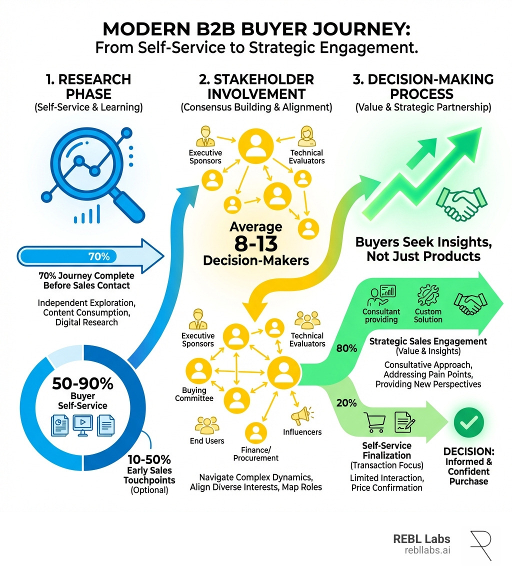 Modern B2B buyer journey showing research phase, stakeholder involvement, and decision-making process with percentage breakdowns of buyer self-service vs. sales engagement - Improve B2B sales infographic 