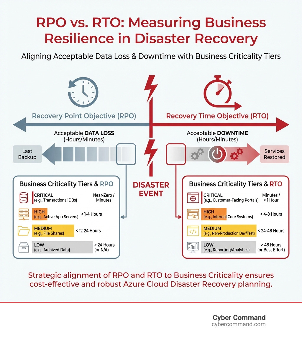 Infographic showing the difference between RTO and RPO in disaster recovery planning, with RTO measuring acceptable downtime in hours or minutes, and RPO measuring acceptable data loss in hours or minutes, both aligned to business impact and criticality tiers - azure cloud disaster recovery infographic 