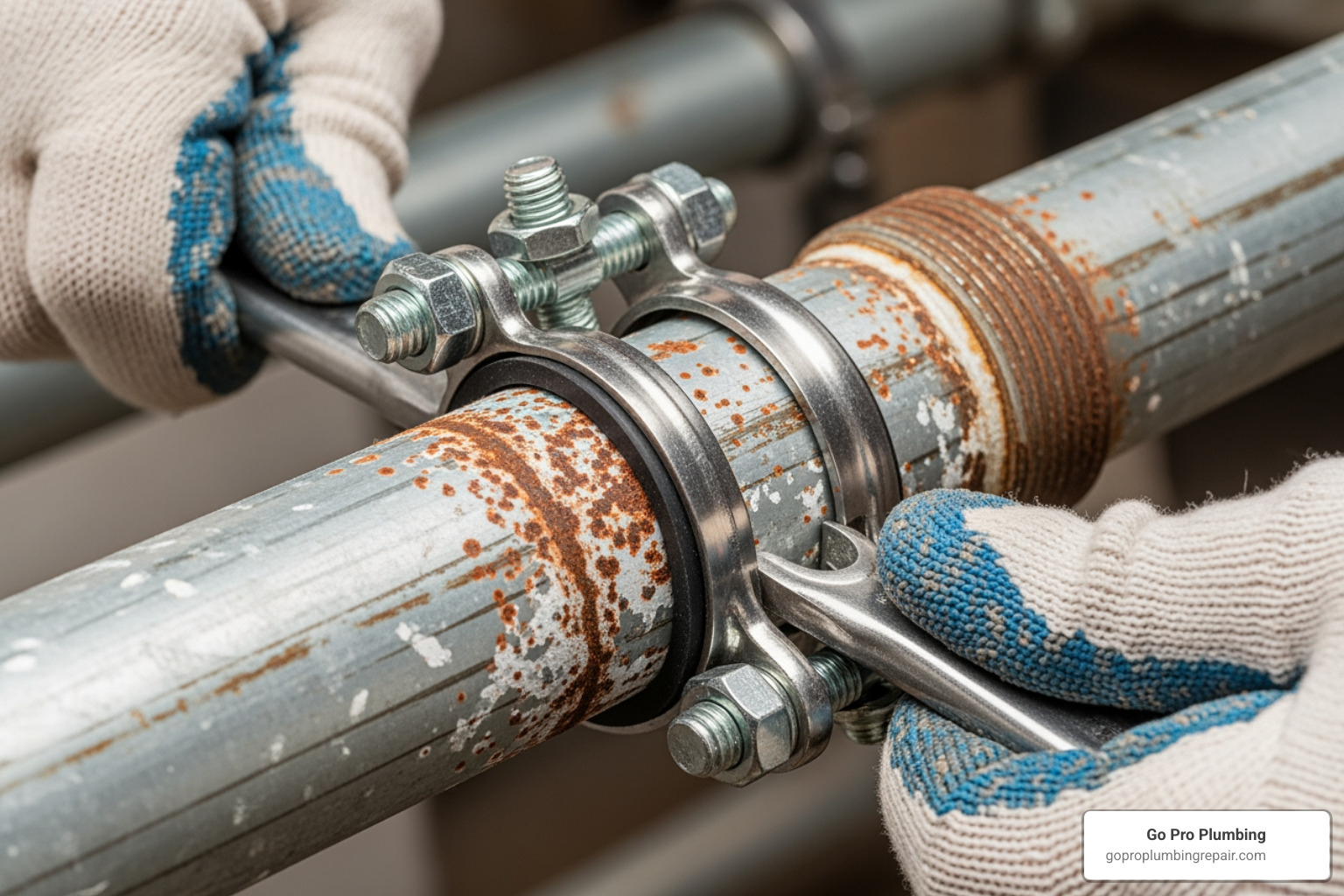 a pipe repair clamp being installed on a pipe - fix galvanized pipe leak
