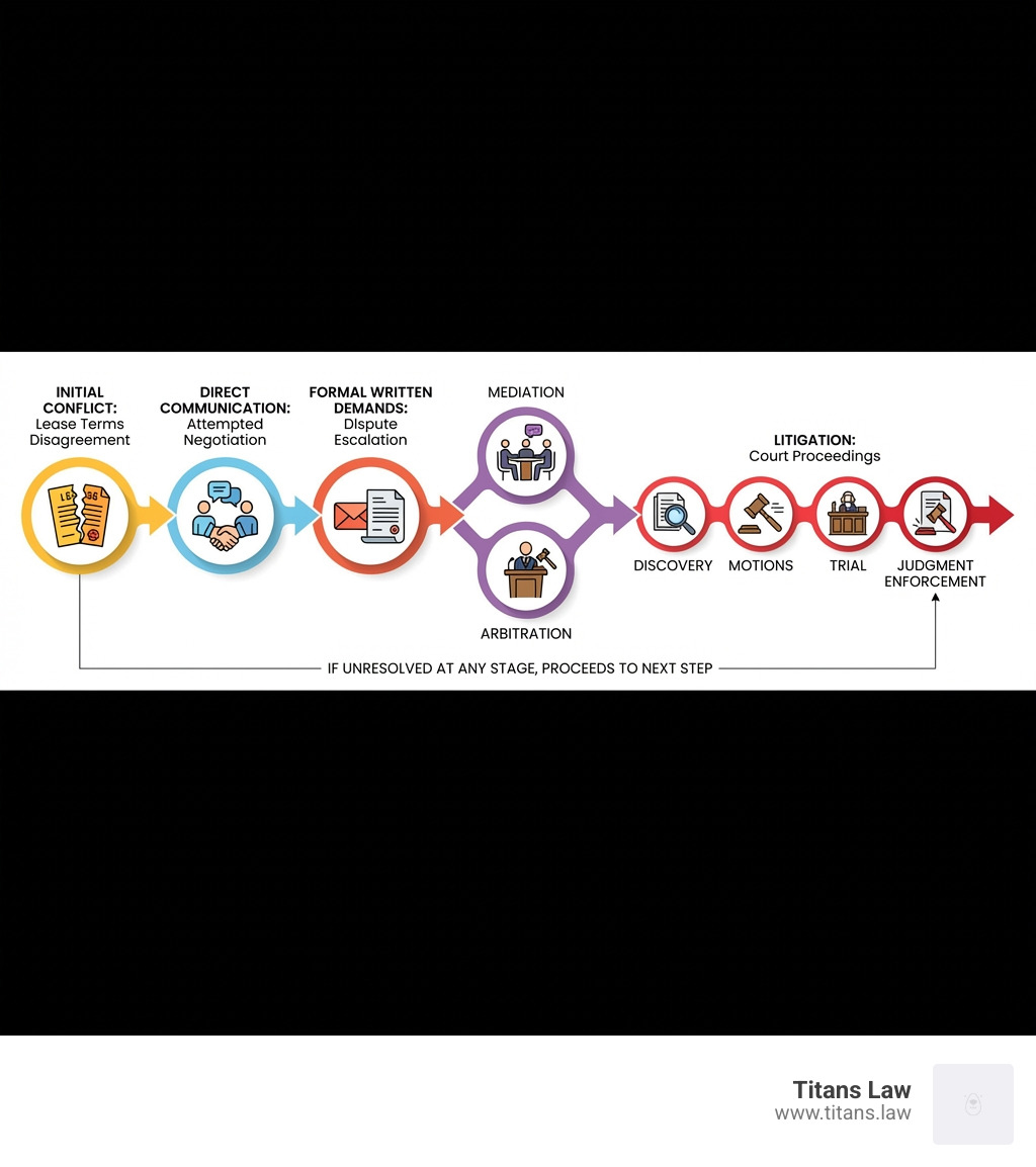 Infographic showing the progression of a commercial lease dispute: initial conflict emerges from lease terms disagreement, parties attempt direct communication, dispute escalates to formal written demands, alternative dispute resolution is attempted through mediation or arbitration, and if unresolved, litigation proceeds through court with discovery, motions, trial, and judgment enforcement - commercial lease dispute infographic Flowchart illustrating the stages of commercial lease dispute resolution, including initial conflict, negotiation, mediation, arbitration, and litigation, with icons representing each step, relevant to Titans Law's guidance on lease disputes.