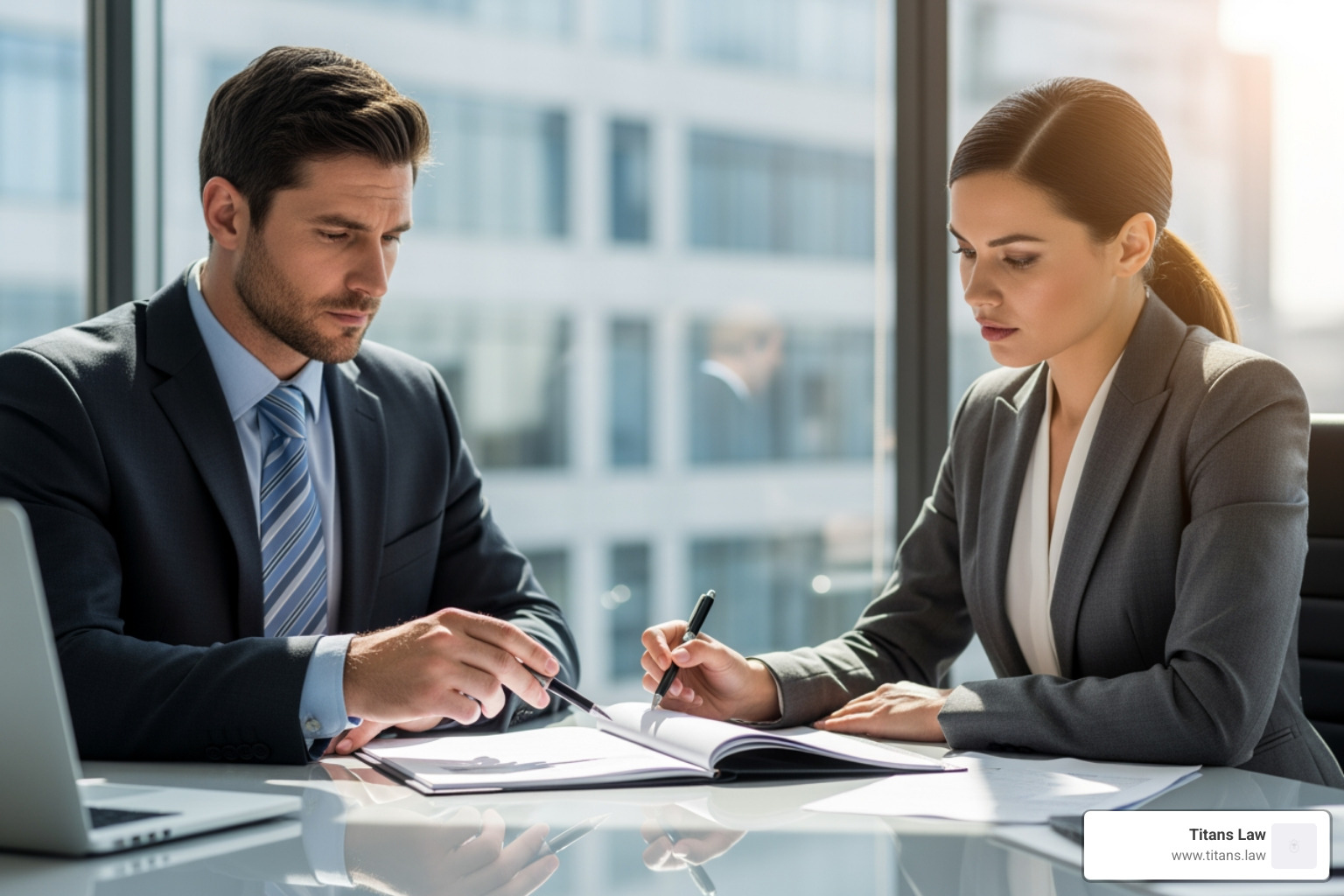 Two professionals in a serious negotiation over a lease document - commercial lease dispute Business professionals reviewing a commercial lease agreement, emphasizing proactive strategies to prevent disputes, with a laptop and documents on the table, representing Titans Law's legal services.