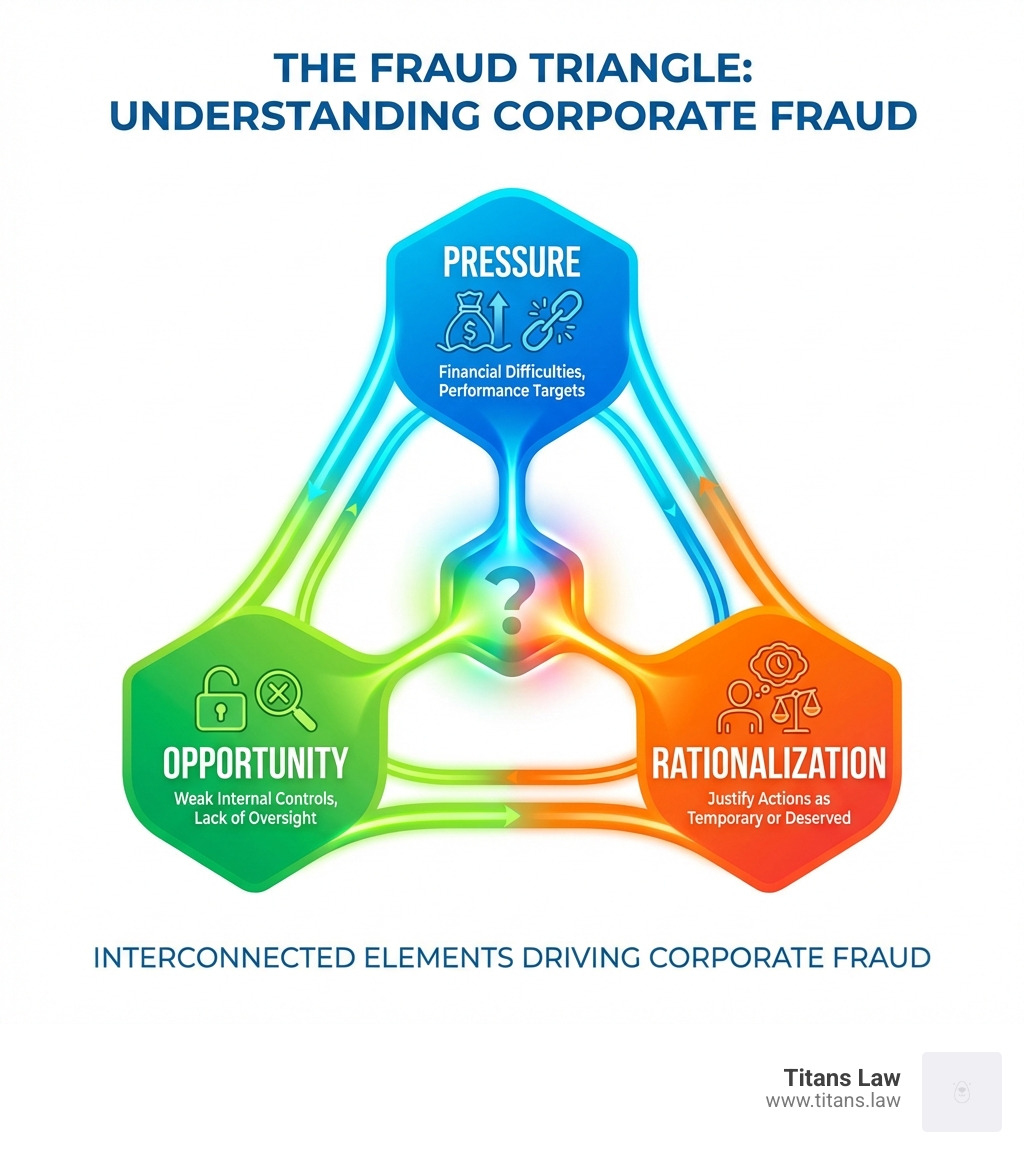 infographic showing the Fraud Triangle with three interconnected elements: Pressure such as financial difficulties or performance targets, Opportunity including weak internal controls and lack of oversight, and Rationalization where perpetrators justify their actions as temporary or deserved - corporate fraud investigation infographic Fraud Triangle graphic illustrating interconnected elements of corporate fraud: Pressure, Opportunity, and Rationalization, with relevant keywords and visual icons.
