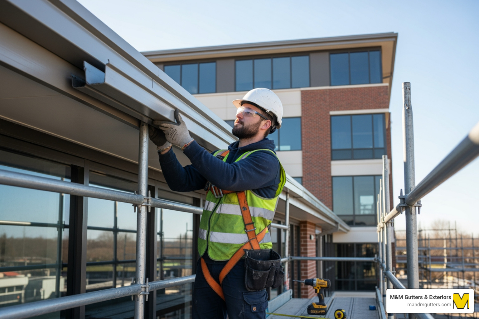 Professional installing a section of an FRP gutter on a commercial building - frp rainwater gutter