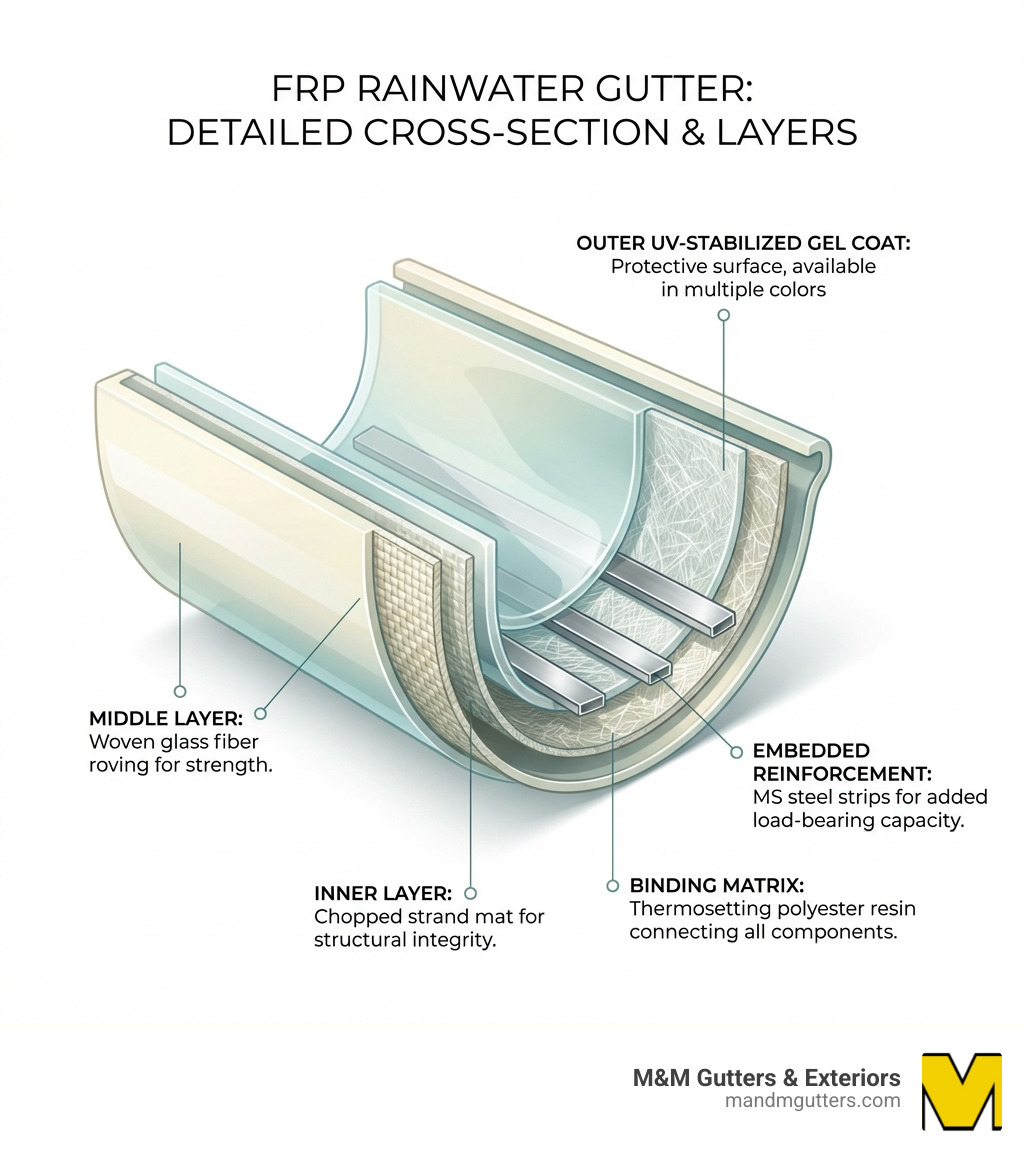 Detailed infographic showing the cross-section of an FRP rainwater gutter with labeled layers: outer UV-stabilized gel coat in multiple colors, middle layer of woven glass fiber roving, inner chopped strand mat layer, embedded MS steel strips for reinforcement, and thermosetting polyester resin matrix binding all components together - frp rainwater gutter infographic 