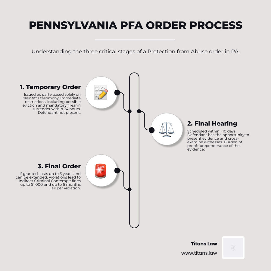 Infographic showing the three stages of a Pennsylvania PFA order process: Stage 1 - Temporary Order (issued ex parte based on plaintiff testimony alone, defendant not present, immediate restrictions take effect including possible eviction and firearm surrender within 24 hours); Stage 2 - Final Hearing (scheduled within 10 days, defendant has opportunity to present evidence and cross-examine witnesses, burden of proof is preponderance of evidence); Stage 3 - Final Order (if granted, lasts up to 3 years, can be extended if plaintiff demonstrates continued threat, violations prosecuted as Indirect Criminal Contempt with fines up to one thousand dollars and jail time up to 6 months per violation) - pfa lawyers near me infographic infographic-line-3-steps-elegant_beige Pennsylvania PFA order process infographic illustrating three stages: Temporary Order with eviction and firearm surrender, Final Hearing for evidence presentation, and Final Order consequences including fines and jail time, branded by Titans Law.