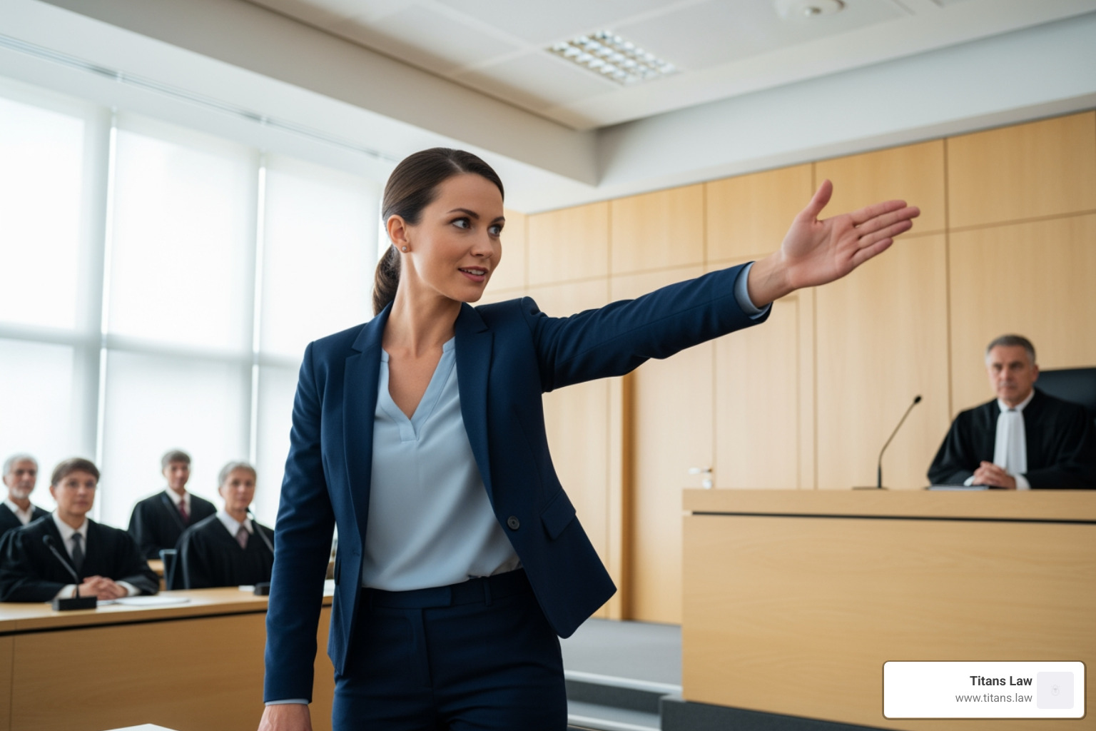 lawyer confidently presenting in a courtroom - asset division lawyer Lawyer presenting a case in court, showcasing assertive advocacy during asset division disputes, with judges and legal professionals observing.