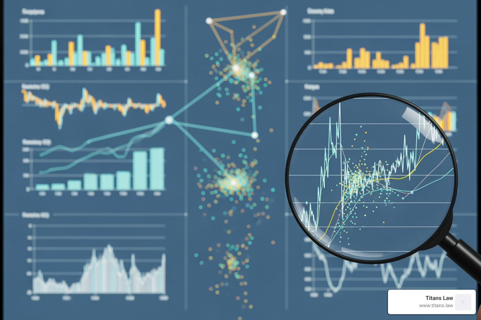 complex financial chart with magnifying glass overlay - asset division lawyer Graphs and charts illustrating complex financial data analysis, with a magnifying glass focusing on a detailed line graph, symbolizing asset valuation and tracing in business disputes; Titans Law branding visible.
