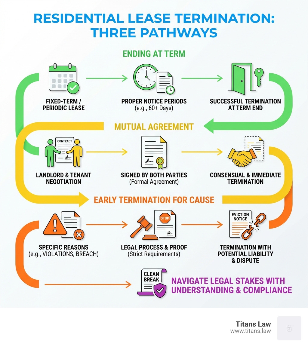 infographic showing three pathways for residential lease termination: ending at term with proper notice periods, mutual agreement to terminate signed by both parties, and through early termination for cause - Residential lease termination infographic infographic showing three pathways for residential lease termination: ending at term with proper notice periods, mutual agreement to terminate signed by both parties, and through early termination for cause - Residential lease termination infographic