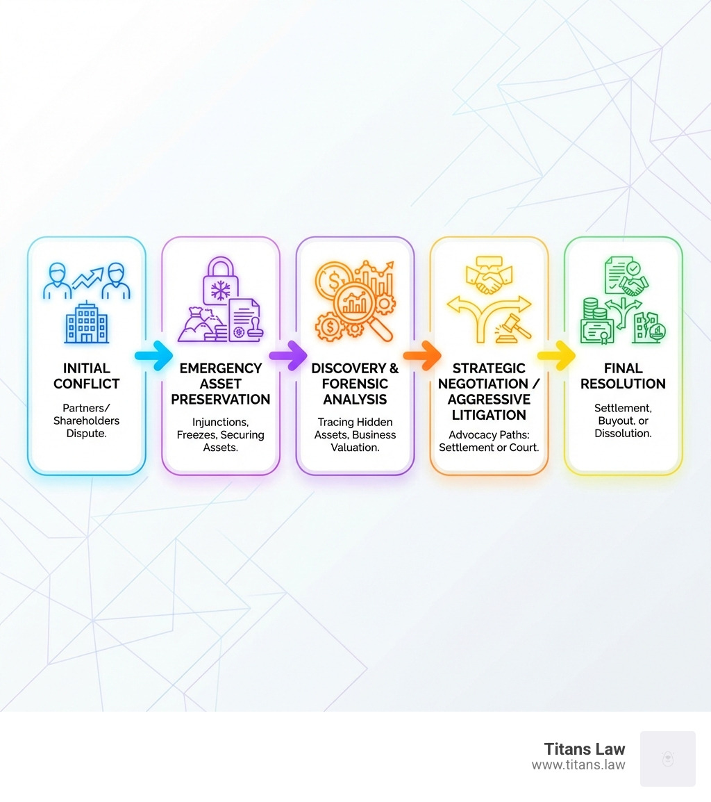 Infographic showing the progression of a business asset dispute: Initial conflict between partners/shareholders → Emergency asset preservation (injunctions, freezes) → Discovery and forensic analysis (tracing hidden assets, business valuation) → Strategic negotiation or aggressive litigation → Final resolution through settlement, buyout, or court-ordered dissolution - asset division lawyer infographic Flowchart illustrating the stages of business asset disputes: Initial conflict, emergency asset preservation, discovery and forensic analysis, strategic negotiation or aggressive litigation, and final resolution, with icons representing each stage, branded with Titans Law.