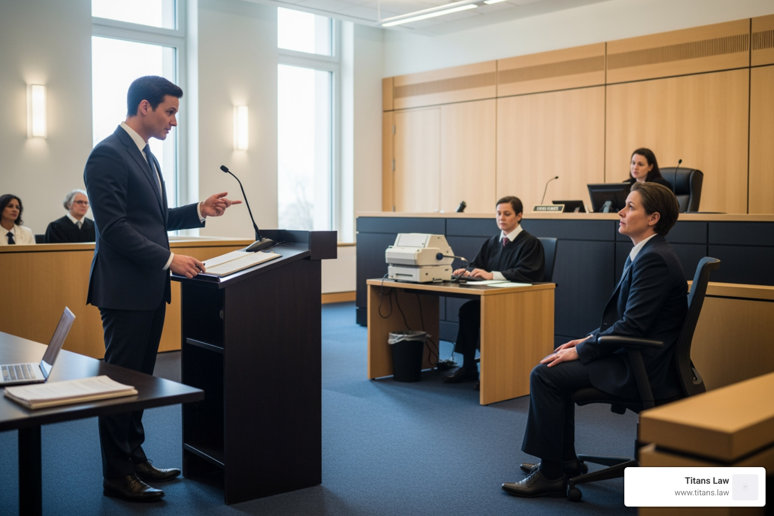 An attorney cross-examining a witness in a modern courtroom. - pfa lawyers near me Lawyer presenting a case in court, emphasizing legal strategy against false accusations, with judge and court staff in background, representing Titans Law's focus on high-stakes civil litigation.
