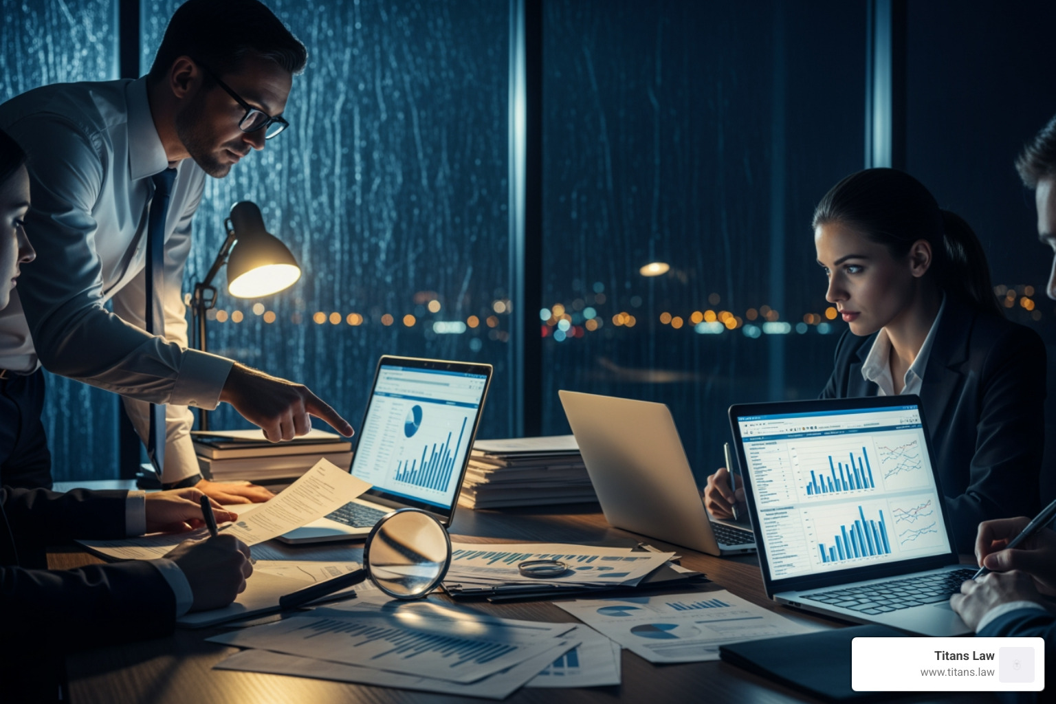 digital forensics dashboard - corporate fraud investigation Business professionals analyzing financial data and charts during a corporate fraud investigation meeting at night, with laptops and documents on a table, emphasizing legal and financial scrutiny.