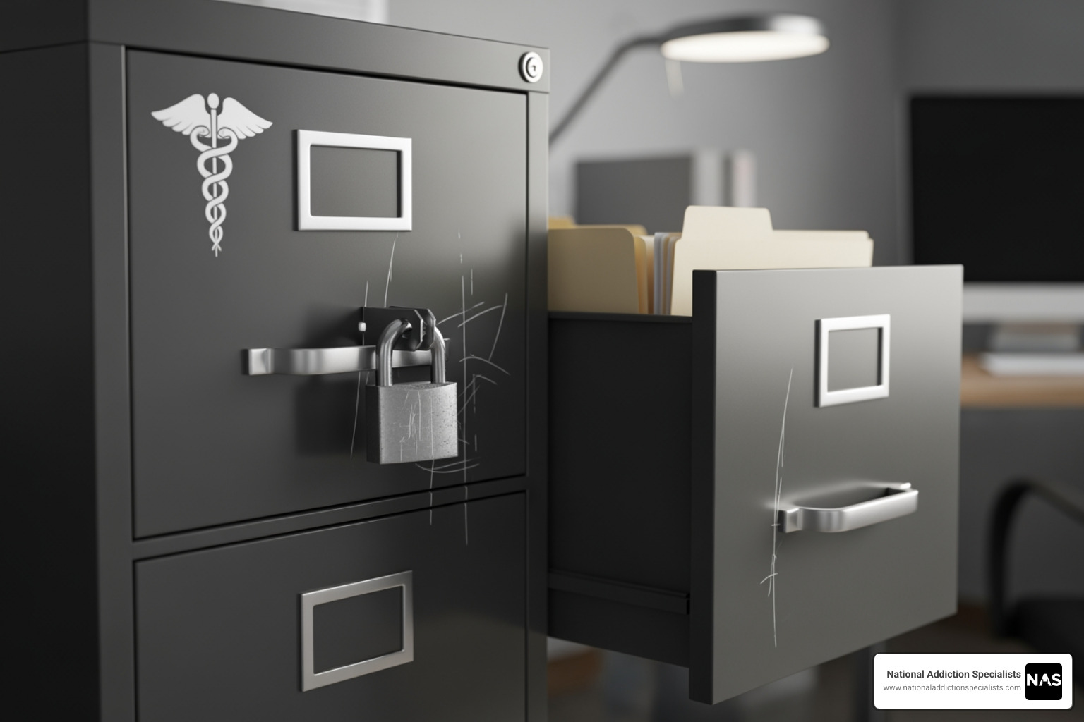 Image of a locked file cabinet with a medical symbol on it - Confidential addiction help Image of a locked file cabinet with a medical symbol on it - Confidential addiction help