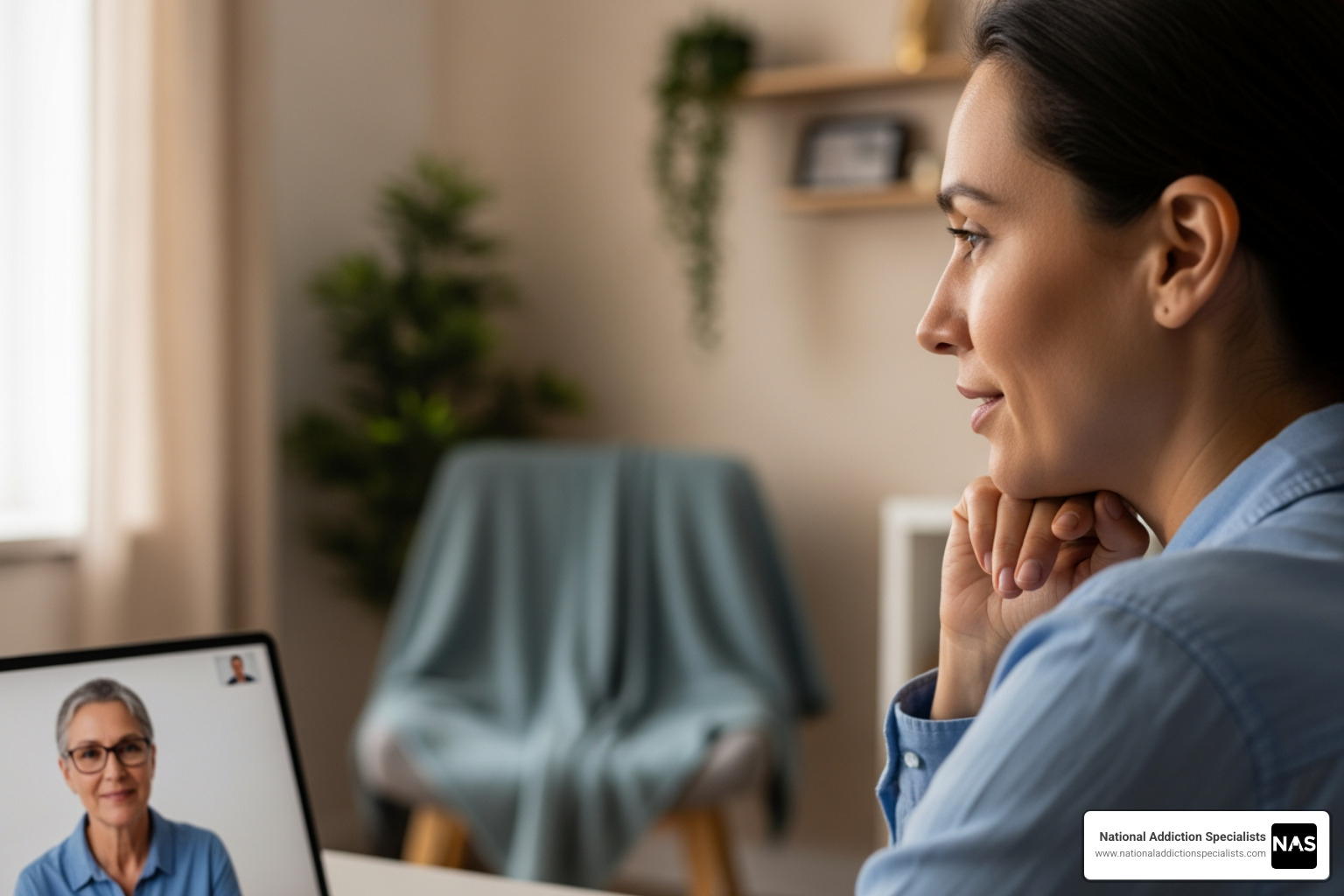 Image of a person speaking privately with a counselor via video call - Confidential addiction help Image of a person speaking privately with a counselor via video call - Confidential addiction help