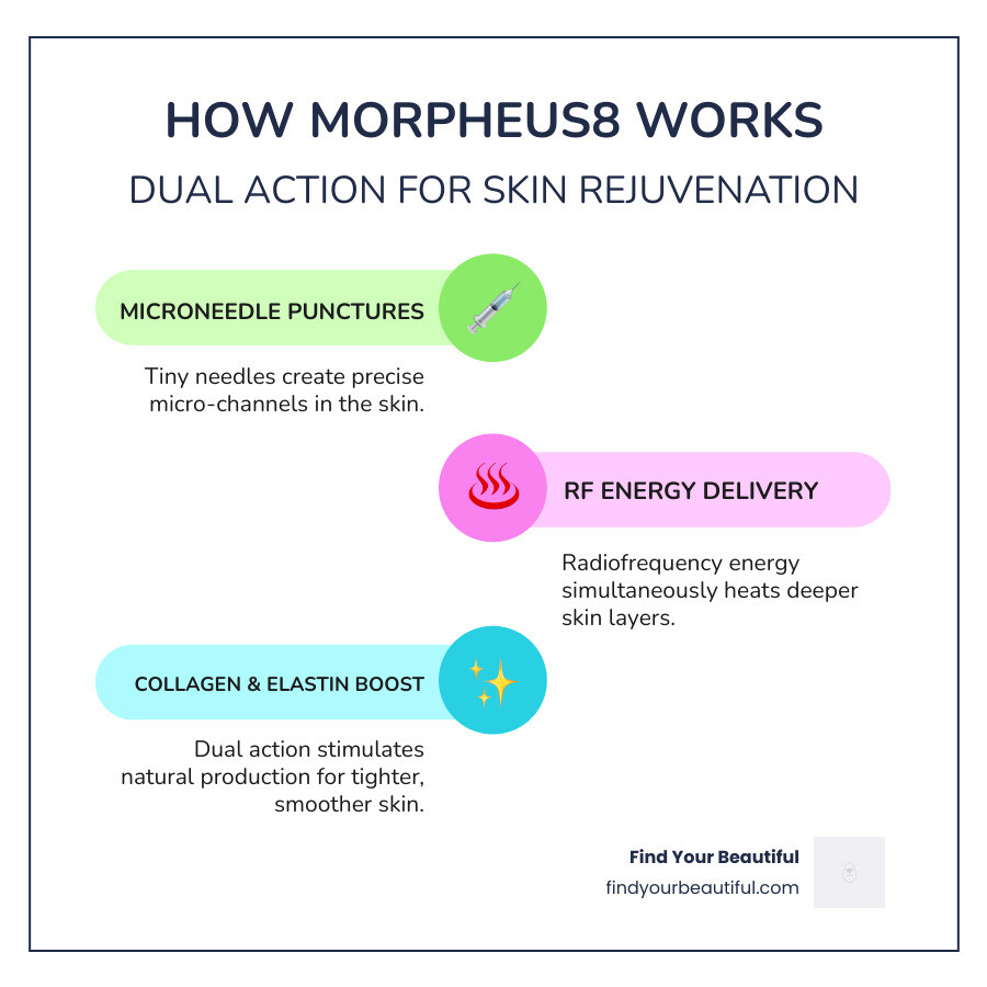 Infographic explaining Morpheus8: Microneedles create tiny punctures in the skin while simultaneously delivering radiofrequency energy to heat deeper layers. This dual action stimulates collagen and elastin production, leading to tighter, smoother, and more youthful skin. - Morpheus (RF Microneedling) - Local infographic infographic-line-3-steps-colors