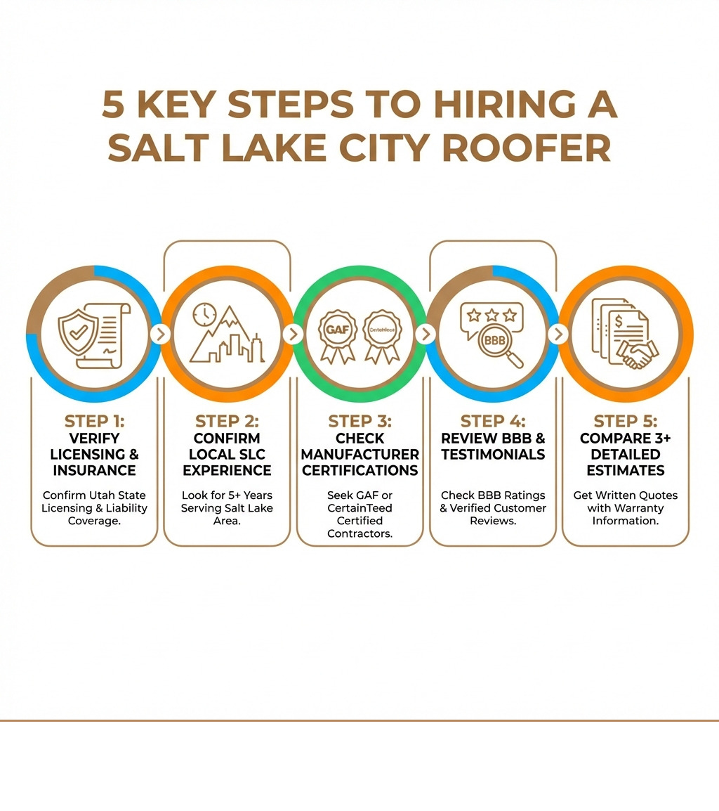 Infographic showing 5 key steps to hiring a Salt Lake City roofer: Step 1 - Verify state licensing and insurance credentials; Step 2 - Confirm 5+ years local SLC experience; Step 3 - Check for GAF or CertainTeed manufacturer certifications; Step 4 - Review BBB rating and verified customer testimonials; Step 5 - Compare 3+ detailed written estimates with warranty information - roofers in salt lake city infographic Infographic showing 5 key steps to hiring a Salt Lake City roofer: Step 1 - Verify state licensing and insurance credentials; Step 2 - Confirm 5+ years local SLC experience; Step 3 - Check for GAF or CertainTeed manufacturer certifications; Step 4 - Review BBB rating and verified customer testimonials; Step 5 - Compare 3+ detailed written estimates with warranty information - roofers in salt lake city infographic