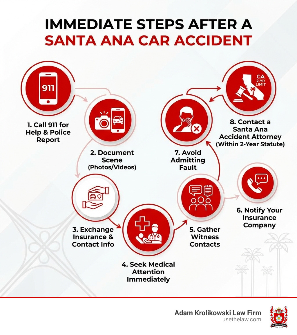 infographic showing immediate steps after a car accident in santa ana including calling 911, documenting the scene with photos, exchanging insurance information, seeking medical attention, gathering witness contacts, notifying your insurance company, avoiding fault admission, and contacting a car accident attorney within california two year statute of limitations - car accident attorney in santa ana infographic infographic showing immediate steps after a car accident in santa ana including calling 911, documenting the scene with photos, exchanging insurance information, seeking medical attention, gathering witness contacts, notifying your insurance company, avoiding fault admission, and contacting a car accident attorney within california two year statute of limitations - car accident attorney in santa ana infographic