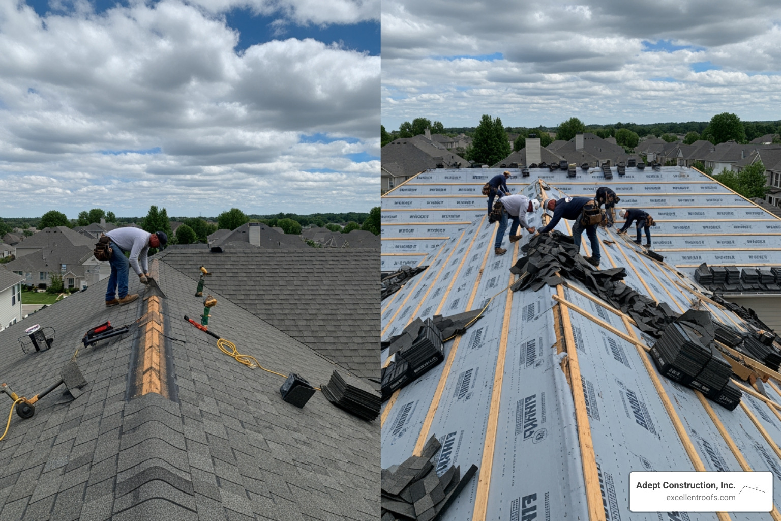 localized roof repair versus a full roof replacement in progress - cost to install shingle roof