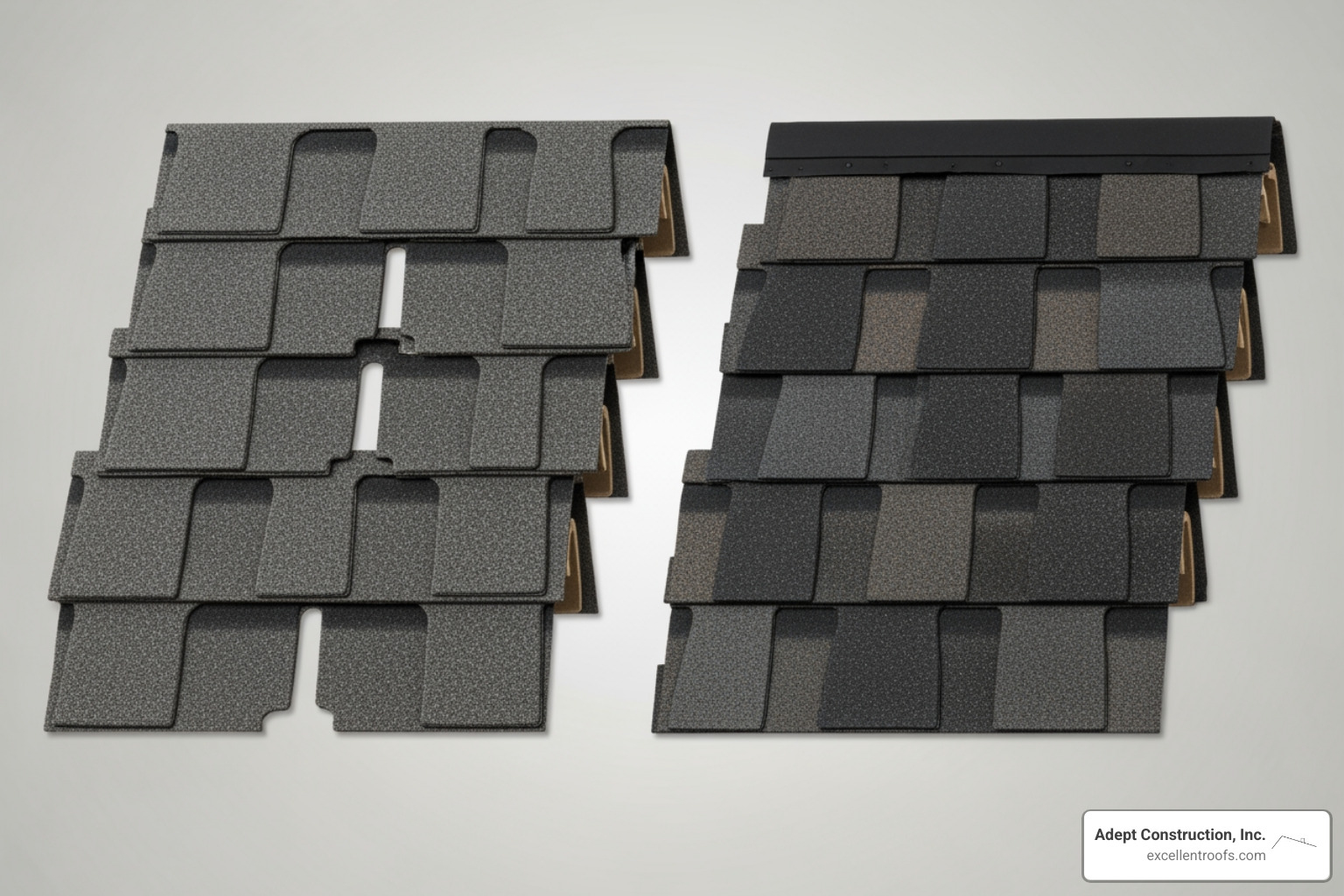 different types of asphalt shingles (3-tab, architectural) side-by-side - cost to install shingle roof