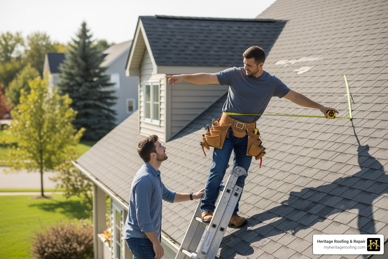 a roofer on a roof, pointing out an issue to a homeowner - roof inspection northwest arkansas