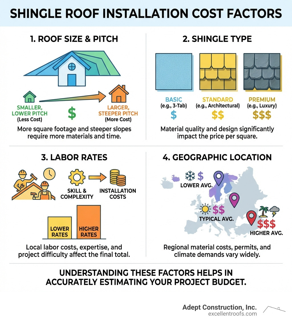 Infographic explaining the main factors that influence shingle roof installation costs: Roof Size, Shingle Type, Labor, and Location - cost to install shingle roof infographic 