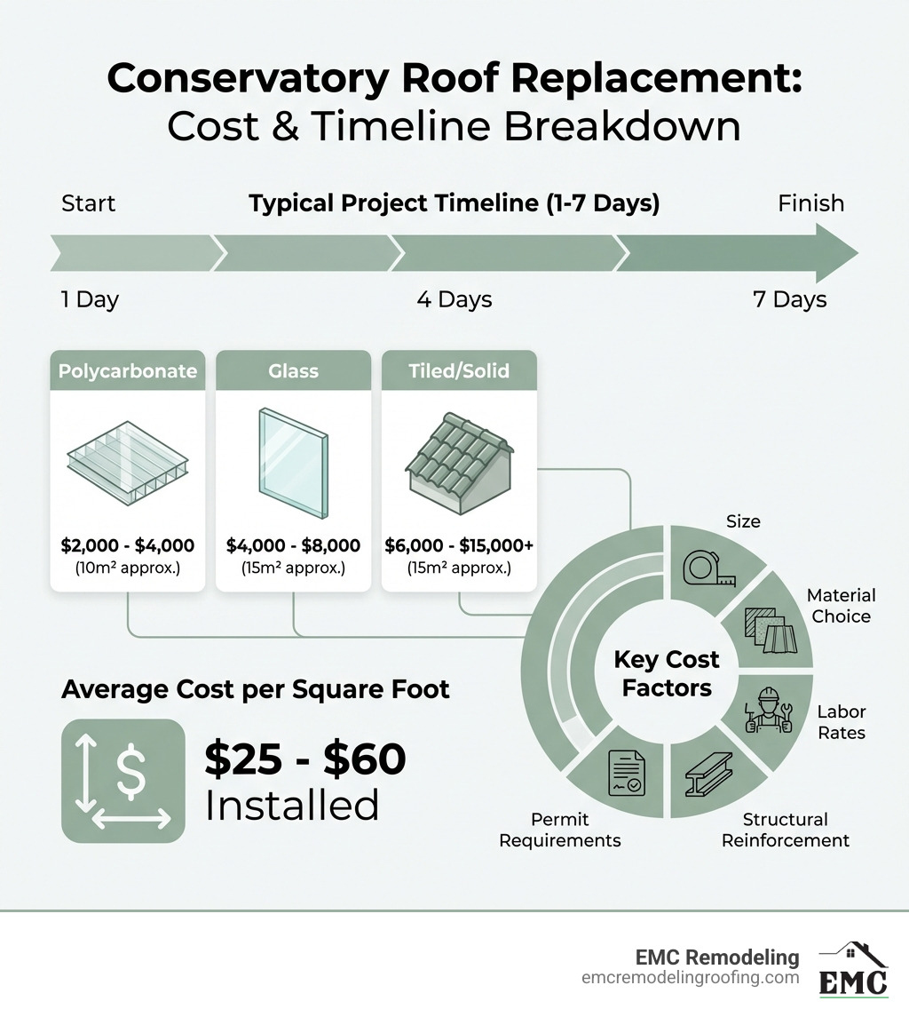 Infographic showing conservatory roof replacement cost breakdown by material type (polycarbonate, glass, tiled), average cost ranges per square foot, typical project timeline (1-7 days), and key cost factors including size, material choice, labor rates, structural reinforcement needs, and permit requirements - cost of replacing conservatory roof infographic