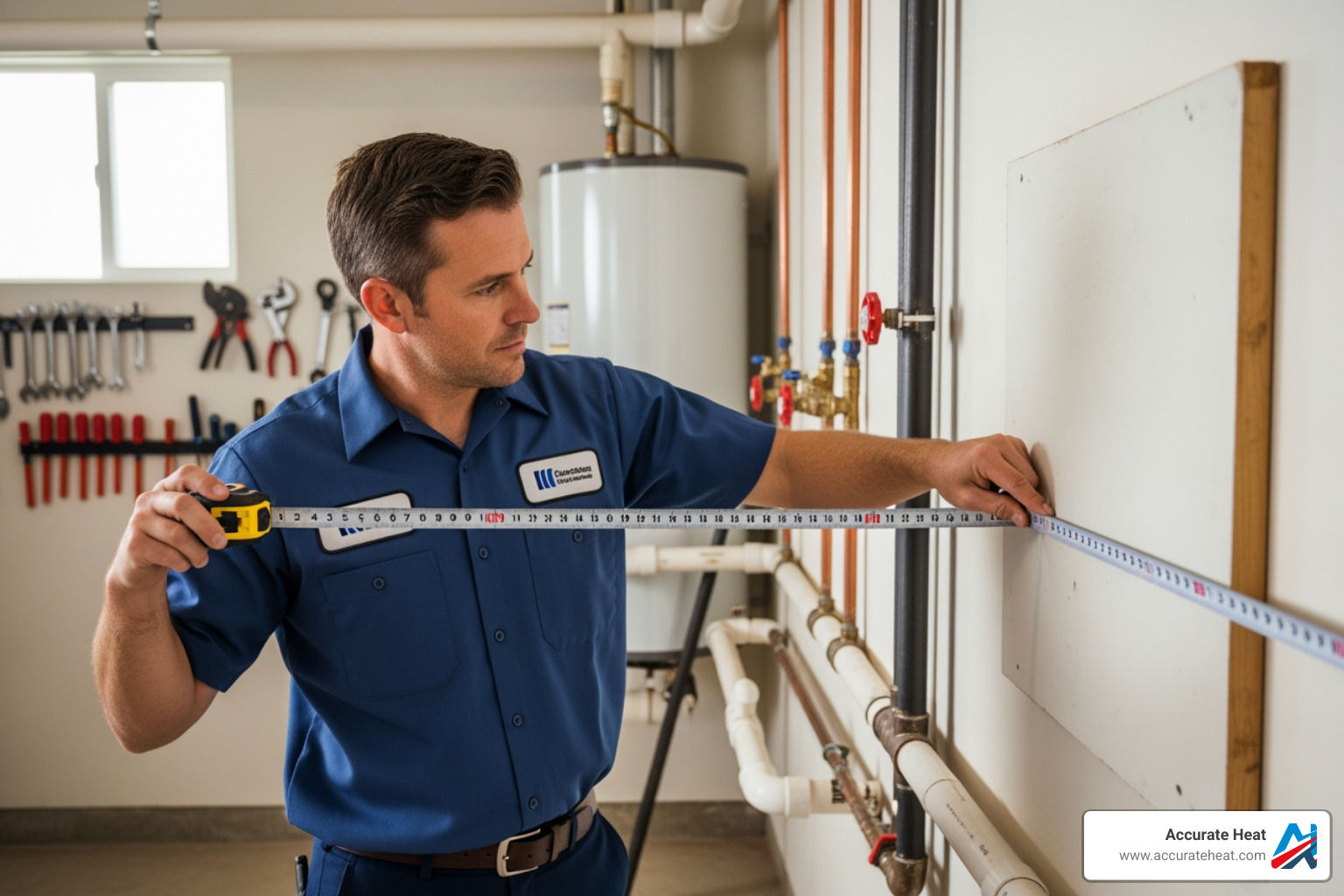 plumber measuring for a tankless unit - tankless water heater installation