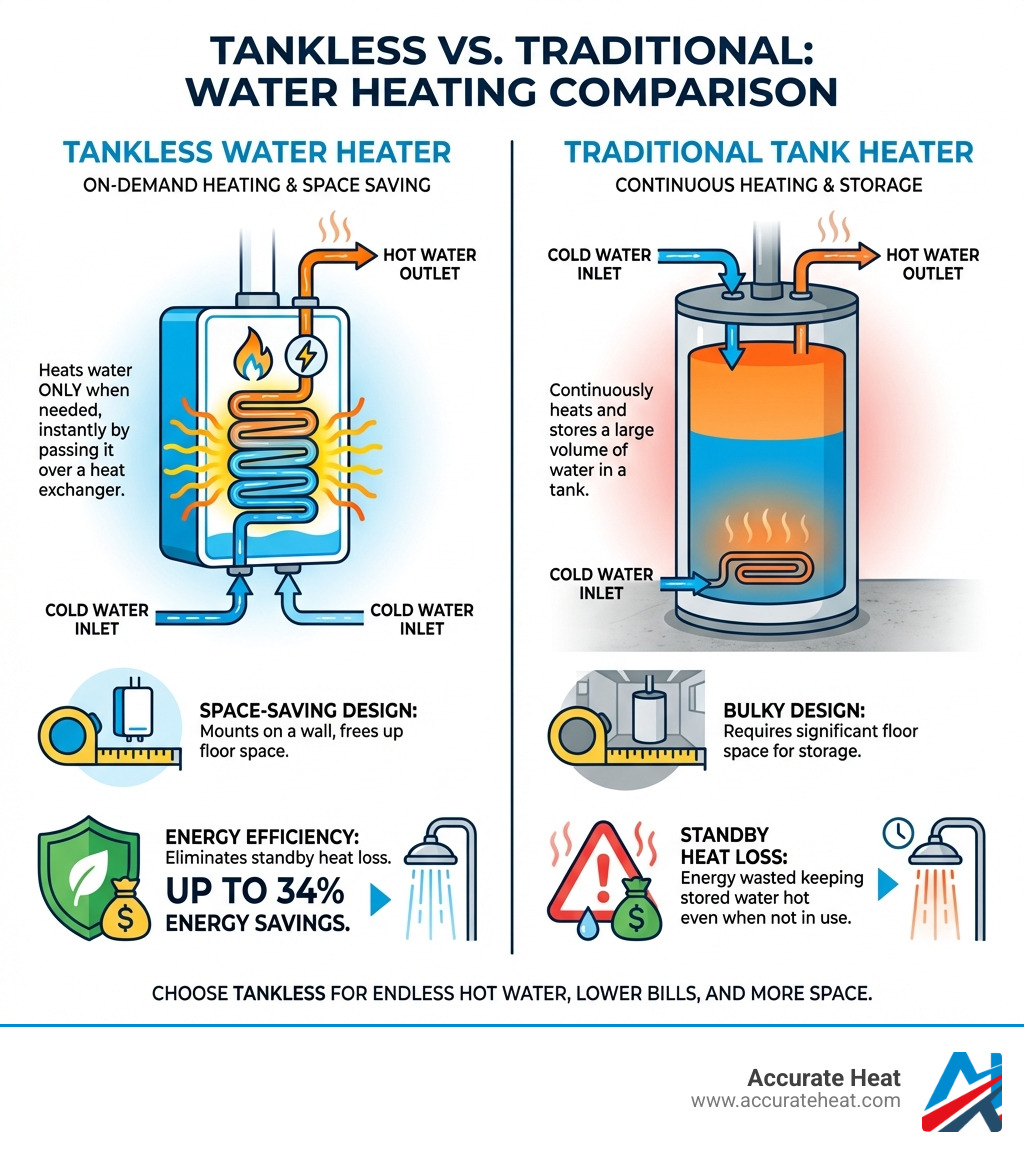 Infographic comparing how a tankless water heater works to a traditional tank heater, highlighting on-demand heating by passing water over a heat exchanger vs. continuous heating and storage in a large tank, demonstrating the space-saving design of tankless units, and illustrating the energy efficiency benefits by eliminating standby heat loss. - tankless water heater installation infographic 
